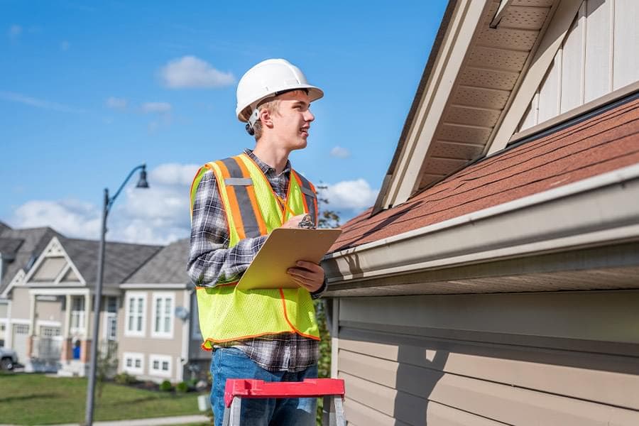 Inspector in a hard hat and safety vest holding a clipboard on a ladder while checking the shingle roof edge of a house