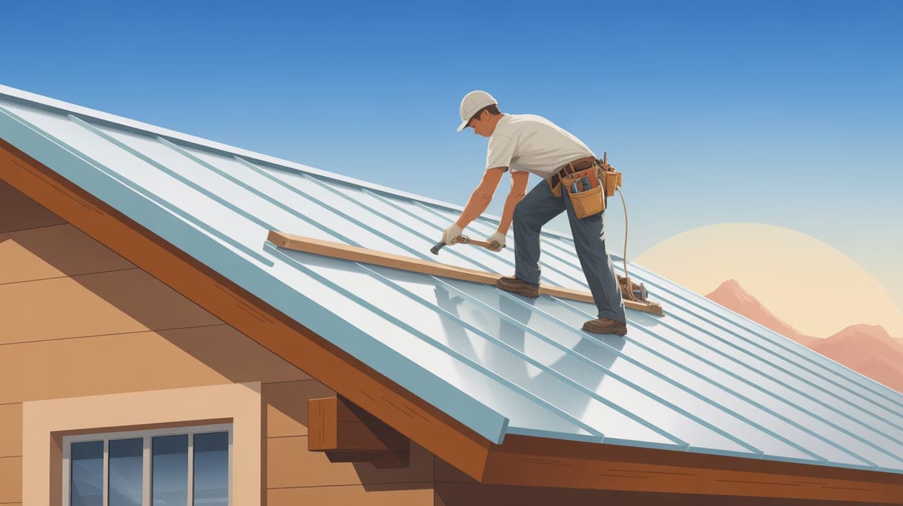 A low-angle shot of a skilled roofer in professional attire carefully installing a light-colored, reflective standing seam metal roof on an Arizona home. The background features a brilliant blue sky a