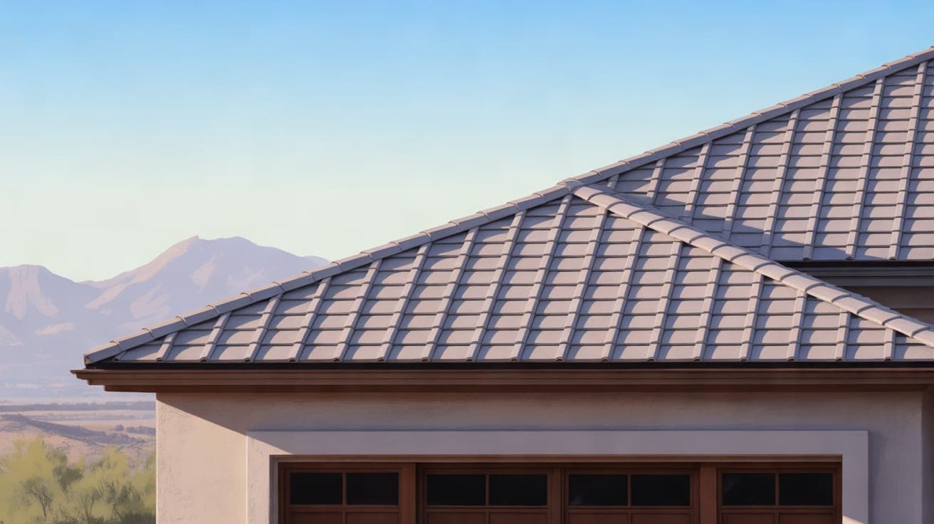 A detailed shot of a newly installed, light-gray tile roof on a modern stucco home, set against a bright, clear Arizona sky