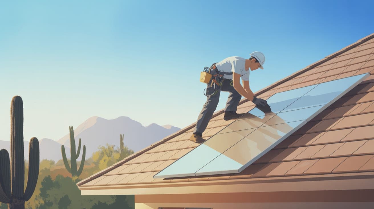 A professional roofer in clean safety gear carefully installs a large, light-colored cool roof panel on a residential home under a bright, clear Arizona sky. The background features hazy mountains and
