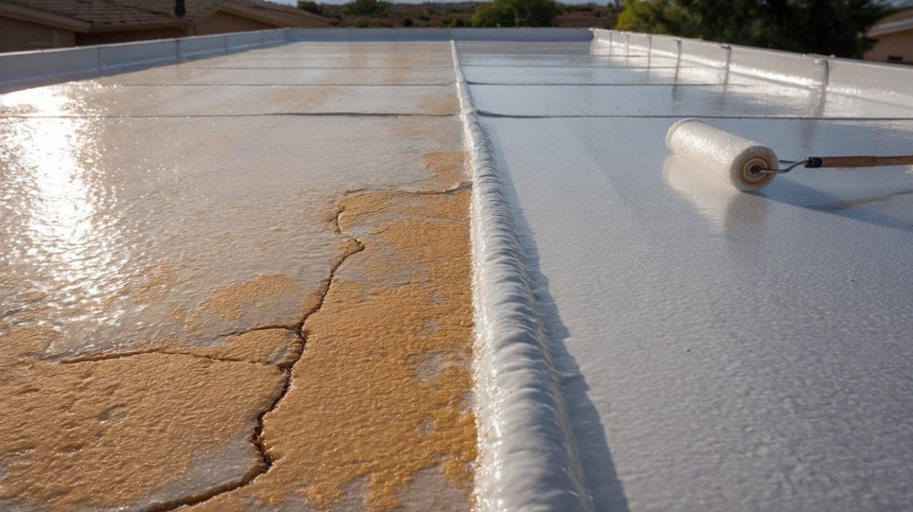 A foam roof being recoated, with weathered, cracked old coating beside a fresh white silicone coat