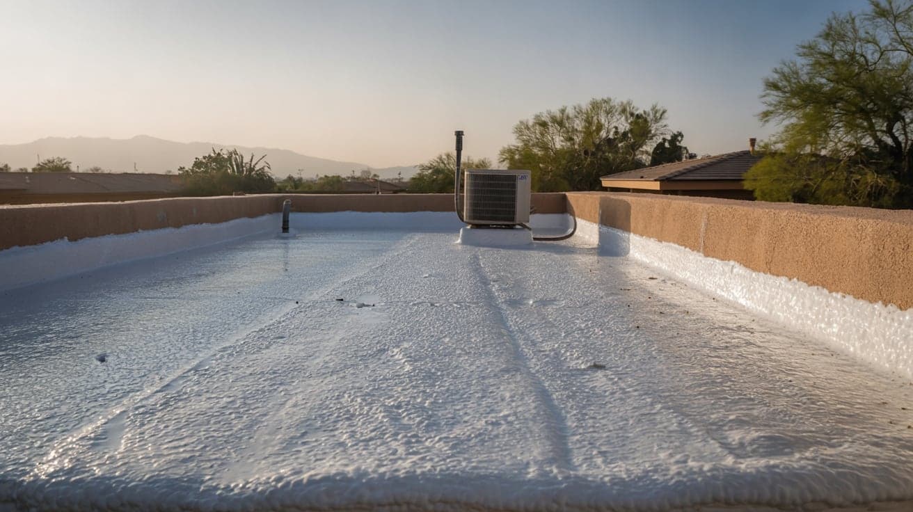 White spray foam roof with a coated parapet and a rooftop AC unit on a Phoenix-area home at sunrise