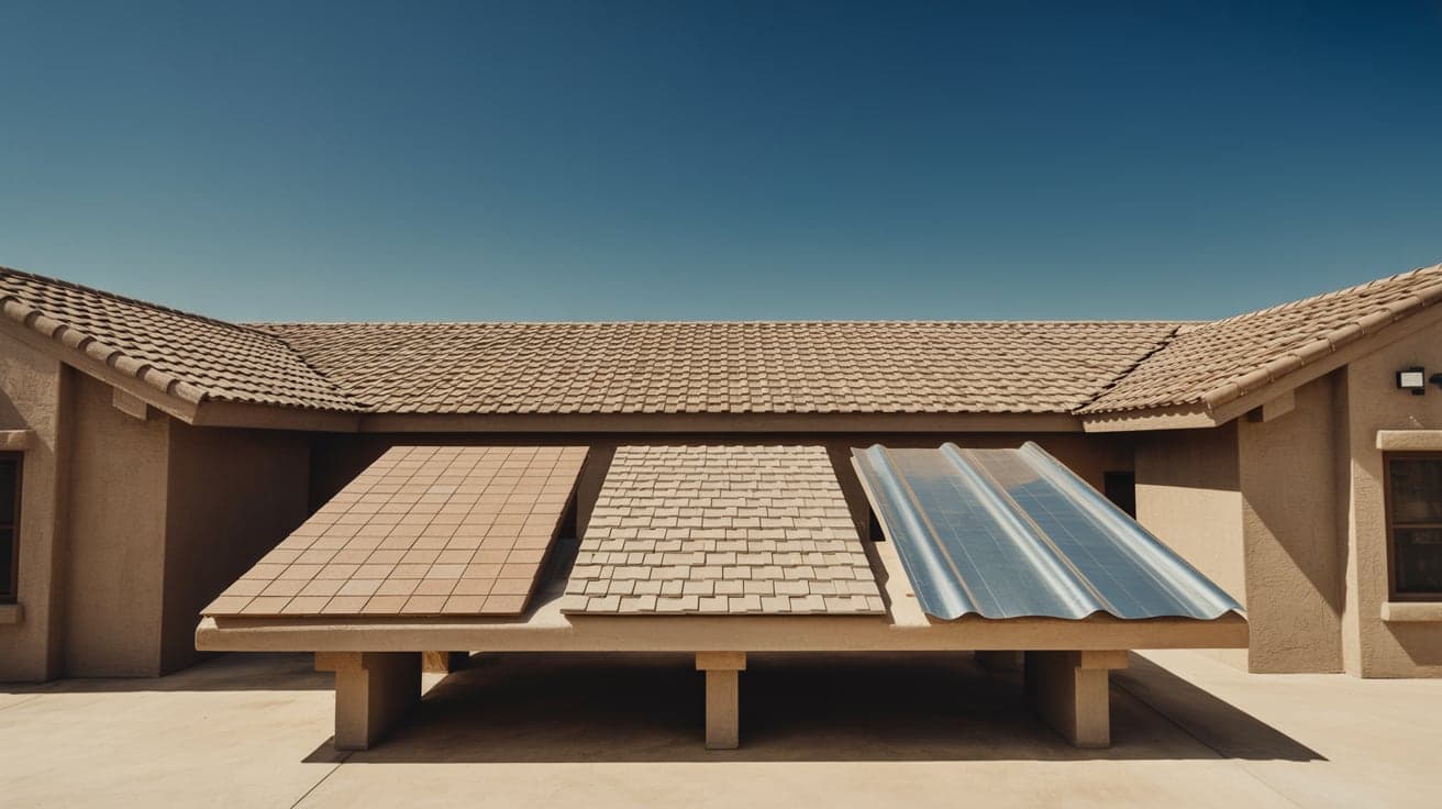 Three roofing material panels displayed side by side — flat tile, architectural shingle and standing-seam metal