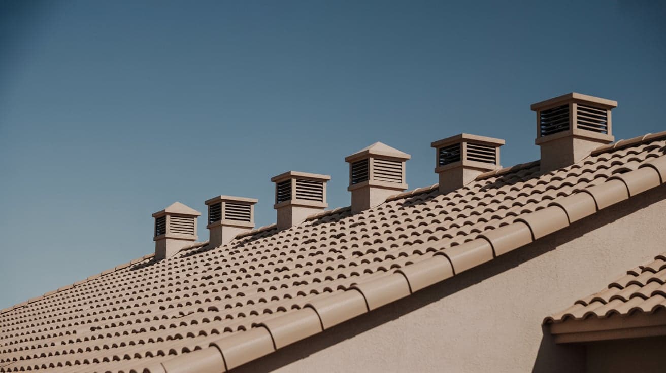 A row of louvered ridge vents running along the ridgeline of a tile-roofed Arizona home against a clear sky