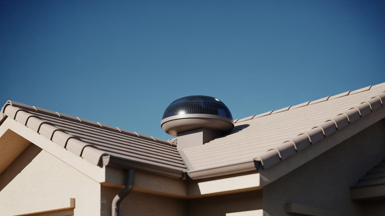 A solar-powered attic fan dome mounted near the ridge of a concrete tile roof on a southwestern home