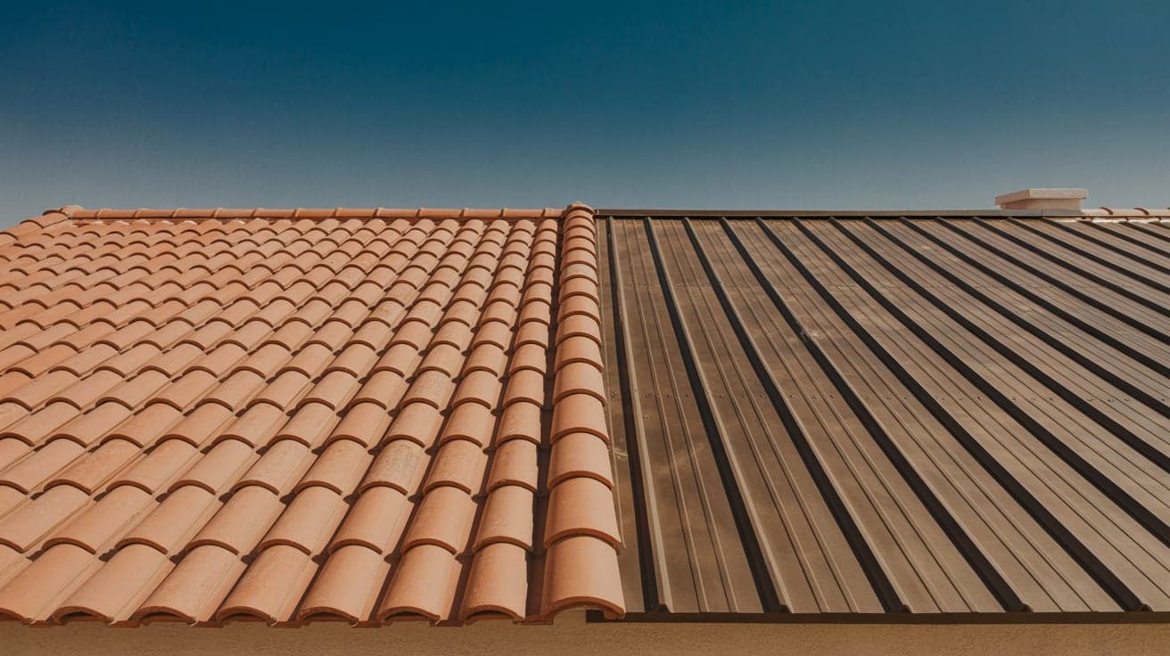 Terracotta clay barrel tile meeting a standing-seam metal roof section on the same desert home