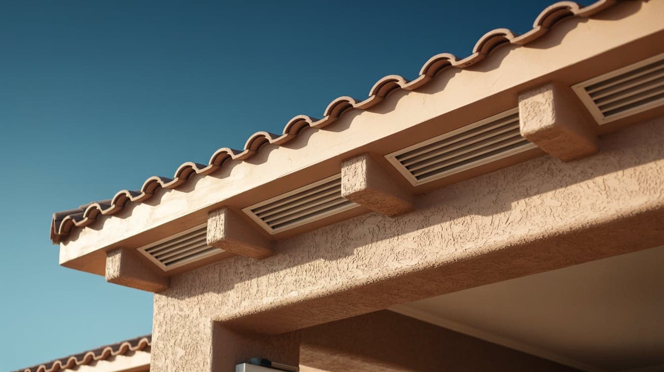 Soffit intake vents set into the underside of a deep stucco eave beneath a clay tile roof edge