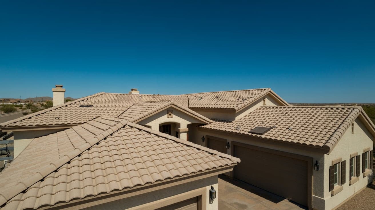 Elevated view across the light-colored concrete tile roofs of an Arizona home with the desert beyond
