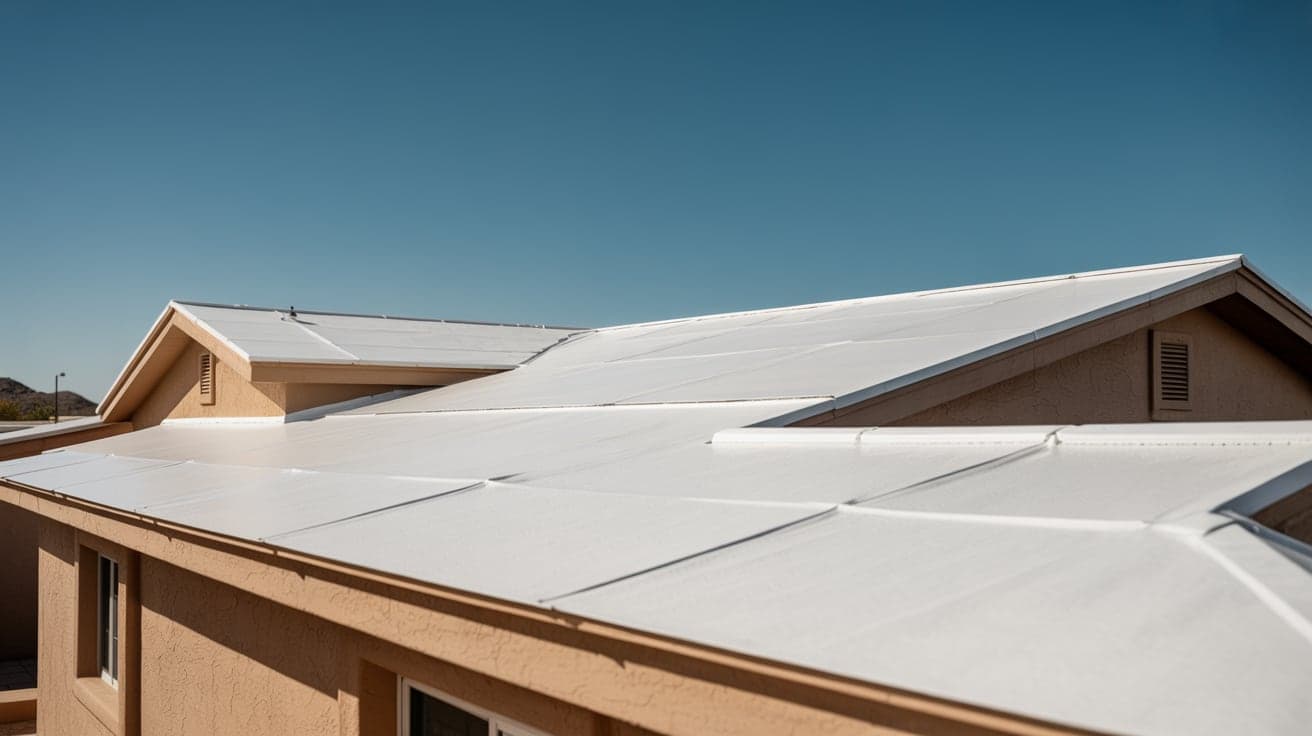 A bright white reflective cool-roof surface across the low-slope roof planes of a stucco desert home
