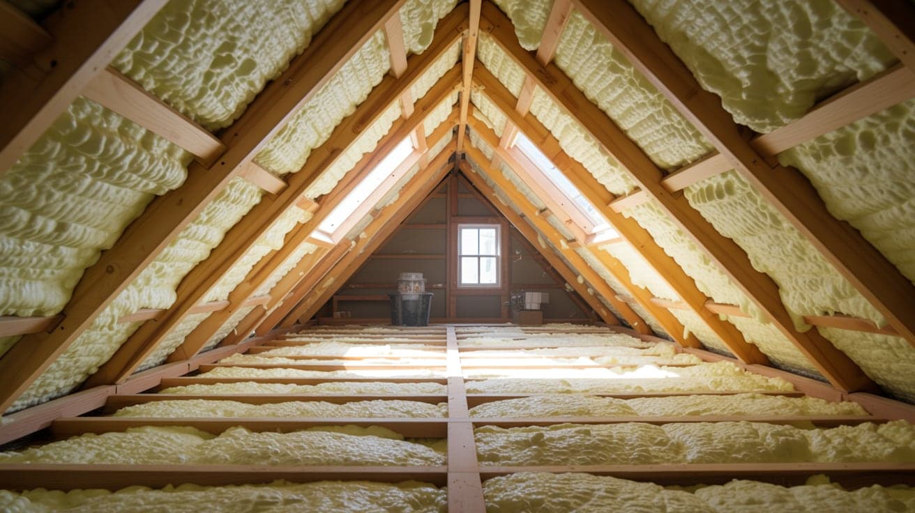 Attic interior with spray foam insulation applied across the underside of the roof deck and rafters