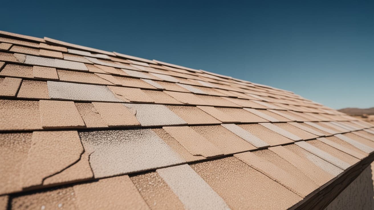 Sun-bleached roof shingles showing cracking, fading and granule loss under harsh desert light