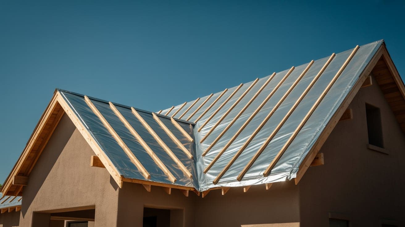 Reflective radiant barrier sheathing installed across the rafters of a desert home roof under construction