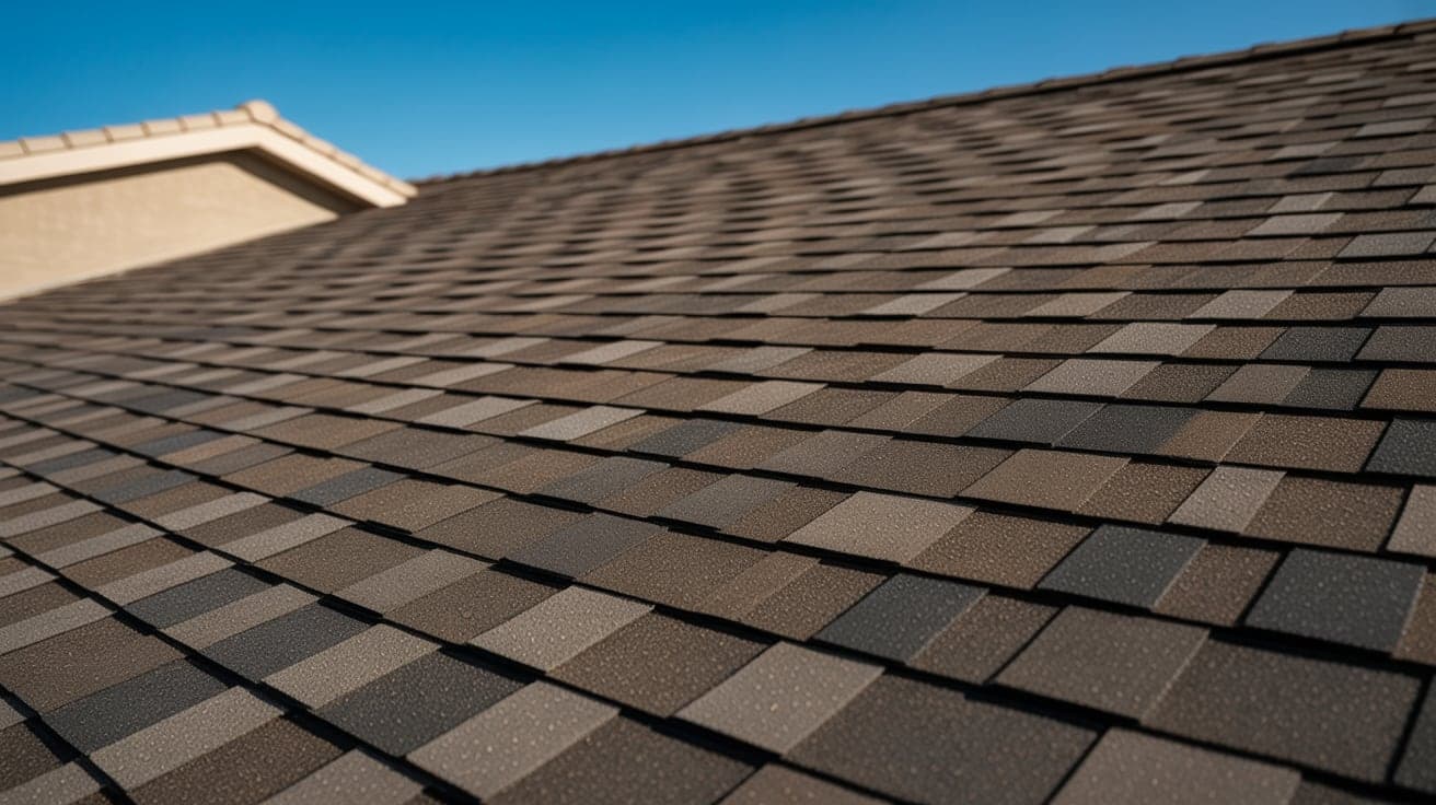 Close view of new multi-tone architectural asphalt shingles in overlapping courses on a desert home