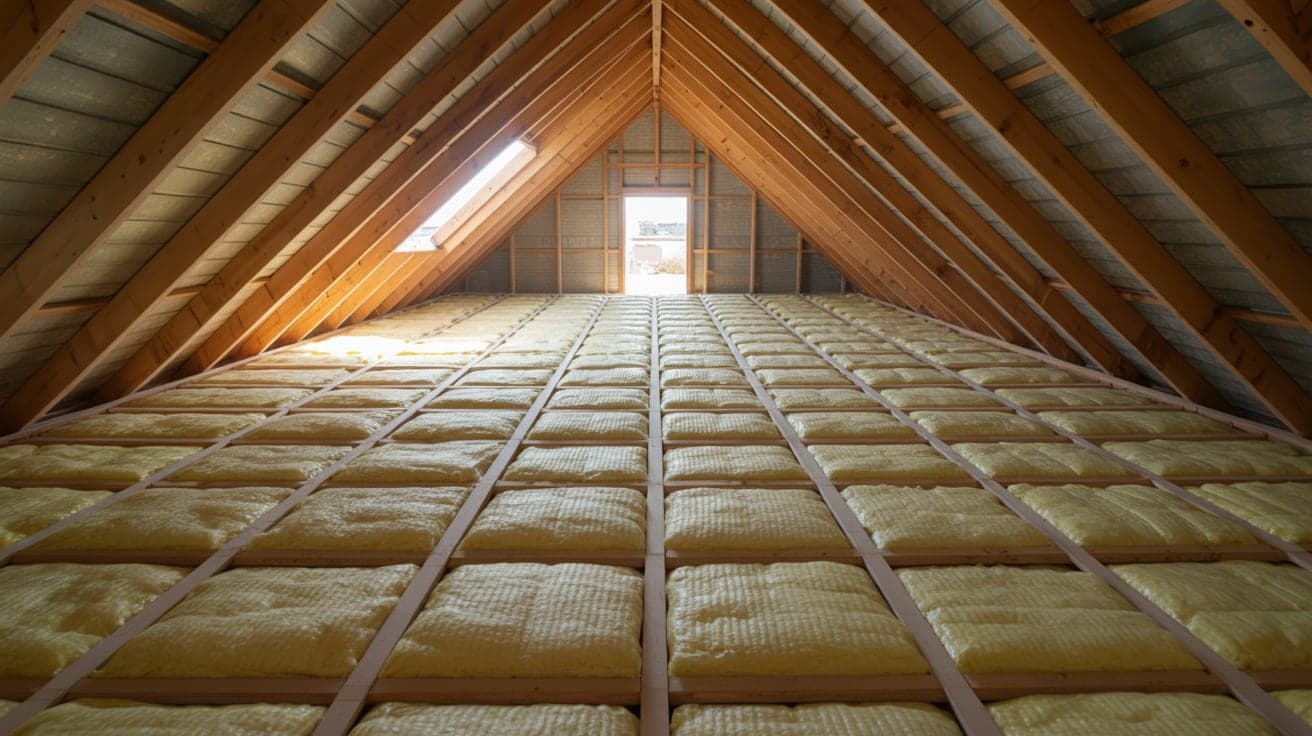 Attic interior of a desert home with thick fiberglass insulation batts laid between the ceiling joists