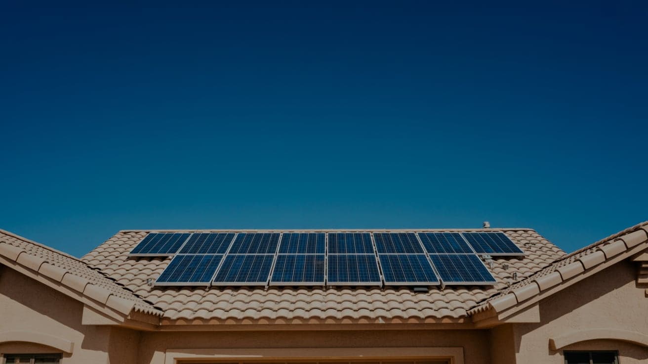 Solar panels mounted flush across the tile roof of an Arizona home beneath a deep blue sky