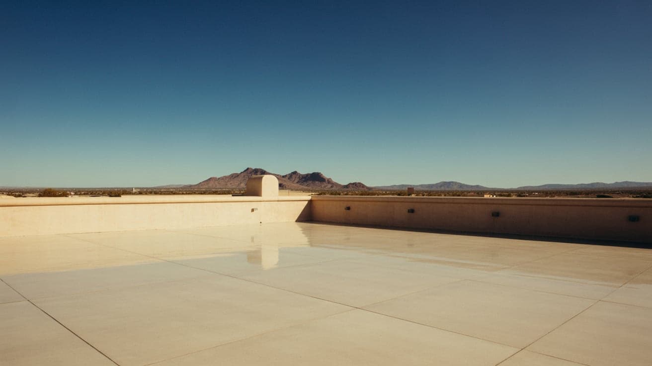 A pale reflective flat roof meeting its parapet wall, with desert mountains on the horizon