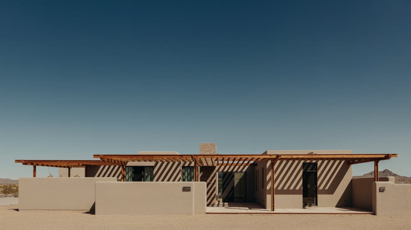 A low modern desert home with deep roof overhangs and a timber shade structure casting long stripes across the stucco