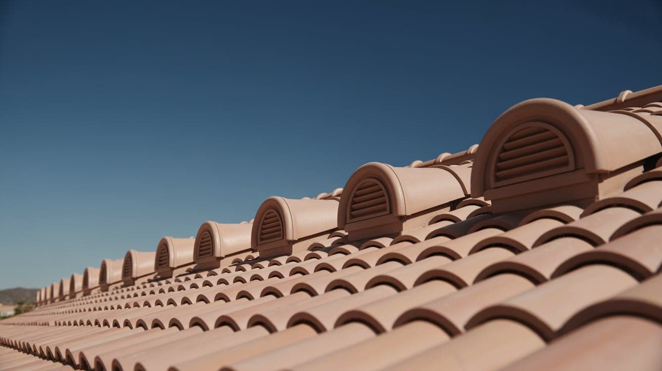 A line of arched louvered vents set into a clay barrel tile roof, receding along the ridge