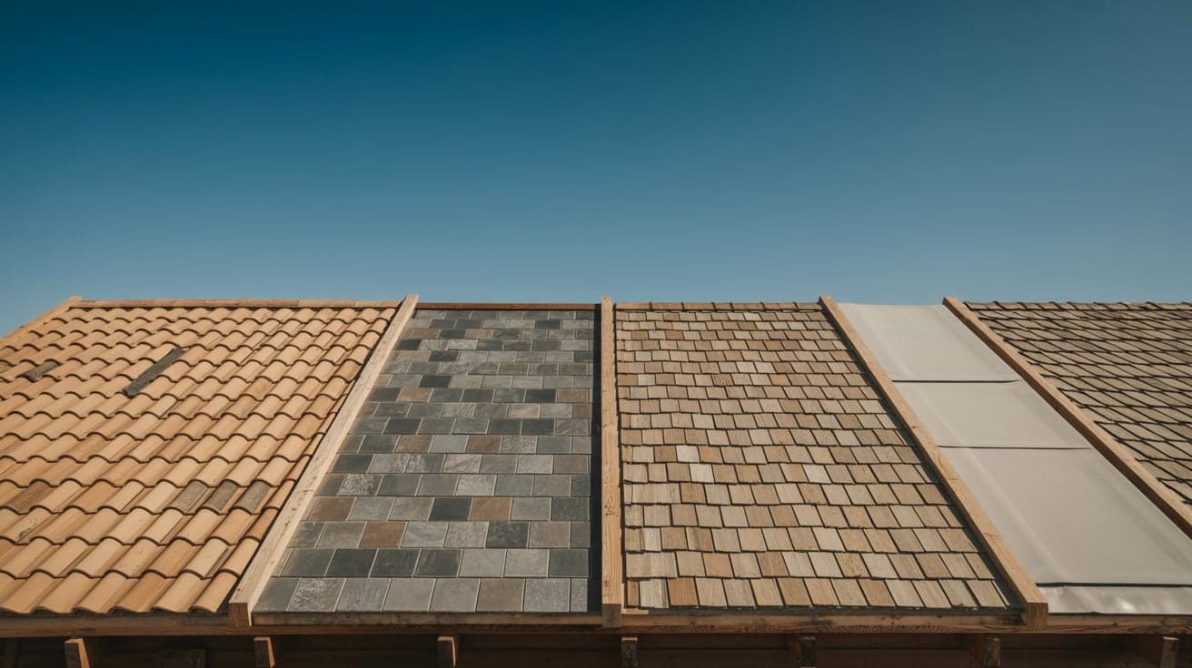 Four roofing material sections side by side — clay tile, slate, wood shake and membrane