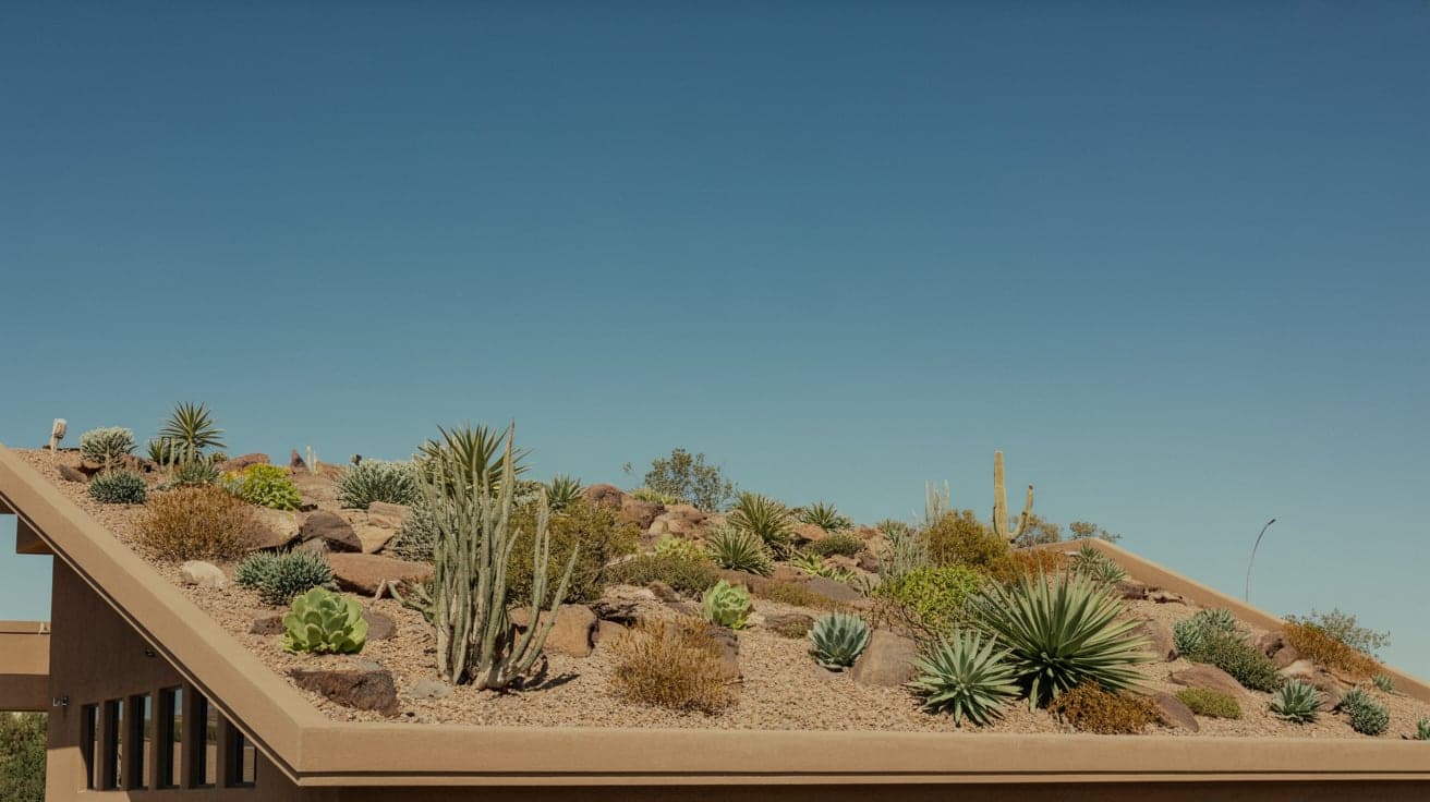 A living roof planted with desert succulents, agave and gravel on a low-slope southwestern building