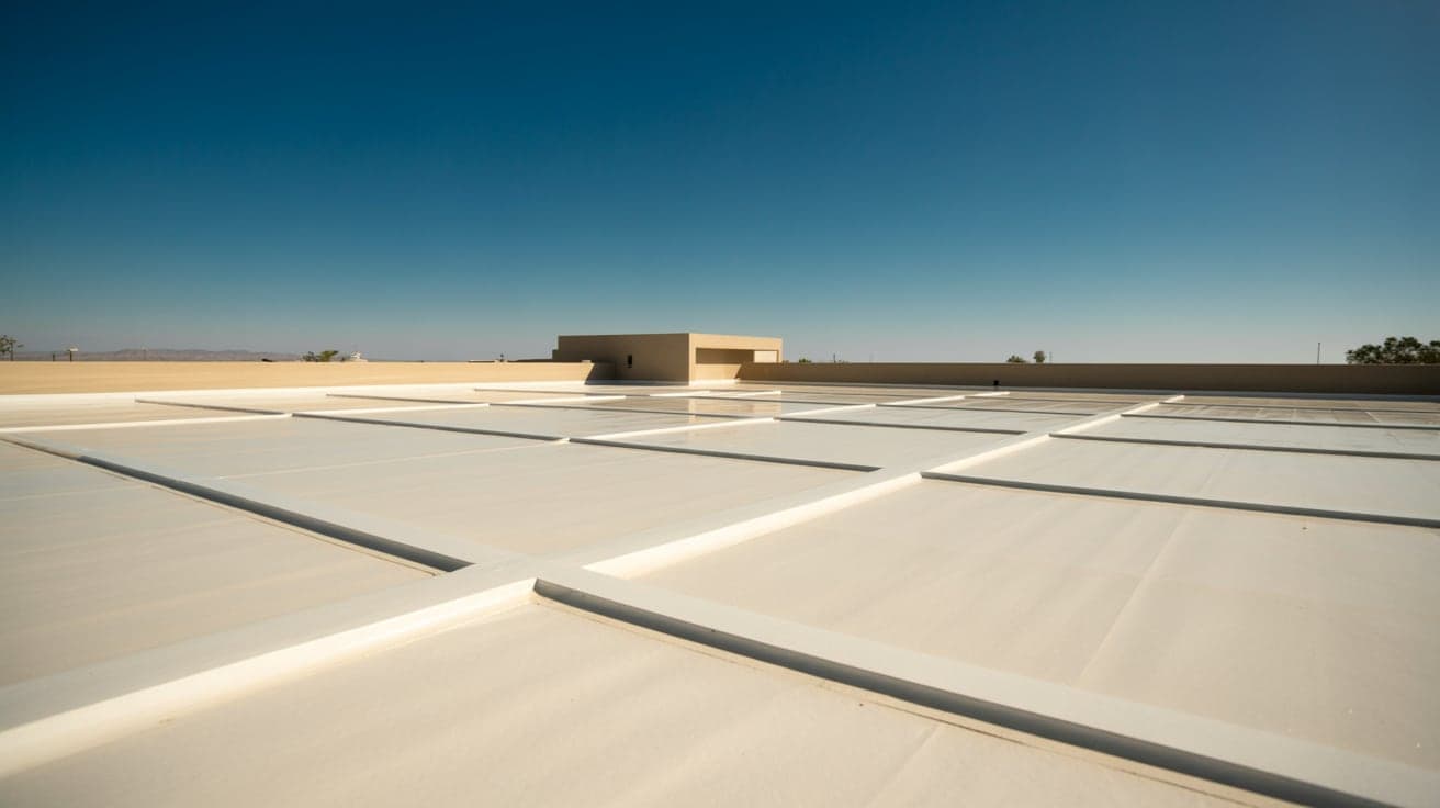 A brilliant white flat roof membrane with welded seams running toward a parapet under a deep blue sky