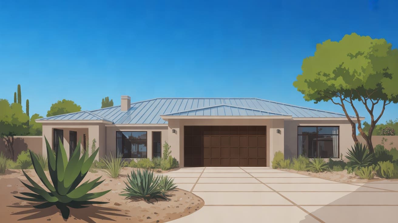 A wide shot of a modern Arizona home in Glendale under a brilliant, clear blue sky