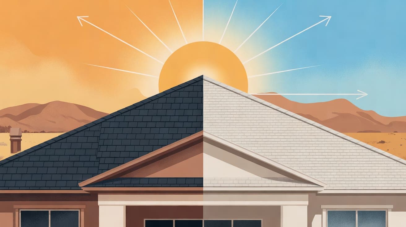 A split-view illustration of a modern Arizona home's roof under an intense sun. The left half is a dark, heat-absorbing shingle roof with visible heat shimmers, while the right half is a clean, light-