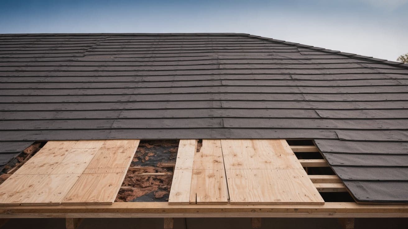 Roof deck during a tear-off, with new plywood sheets where rotted decking was cut out
