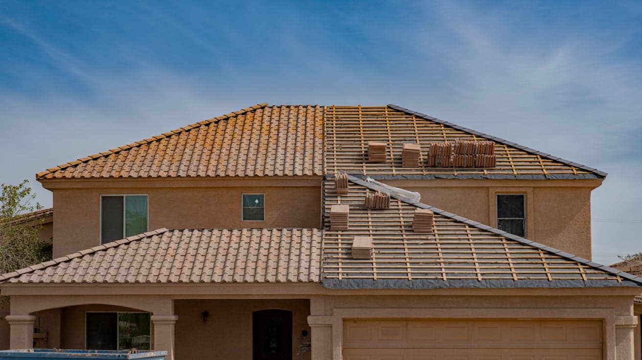 Two-story Phoenix stucco home mid re-roof, with old concrete tile on one side and new battens and staged tile on the other