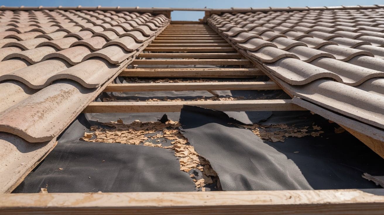 Tile rows lifted on a Valley roof, exposing torn, brittle felt underlayment and flakes of it on the battens