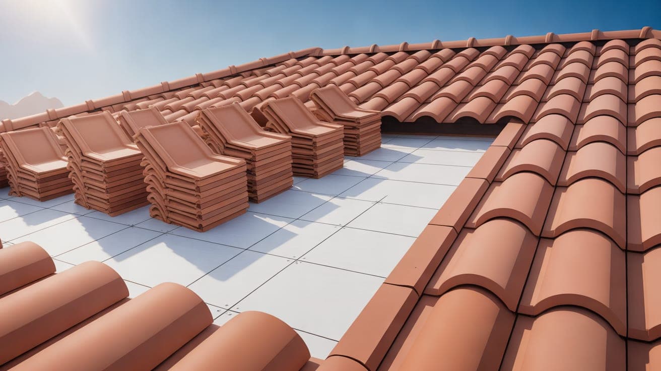 Tile roof lift-and-relay in progress, with original tiles stacked on new white synthetic underlayment